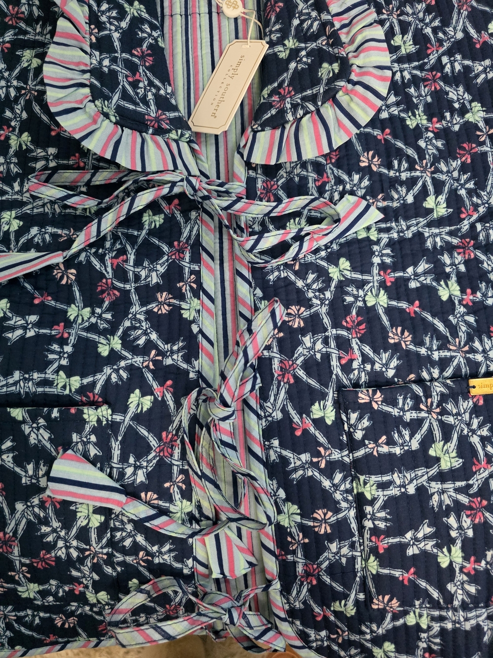Simply Southern Navy Floral Quilted Button-Down with Striped Ruffle TIE FRONT - Picture 5 of 10